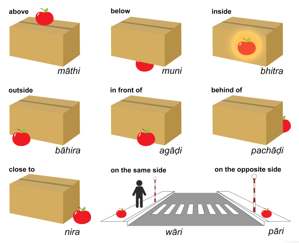 Visual representation of Nepali local postpositions using an apple and a box.
